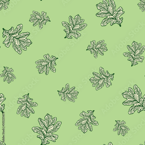 Fototapeta Naklejka Na Ścianę i Meble -  Leaves oak engraved seamless pattern. Retro background botanical with forest foliage in hand drawn style.