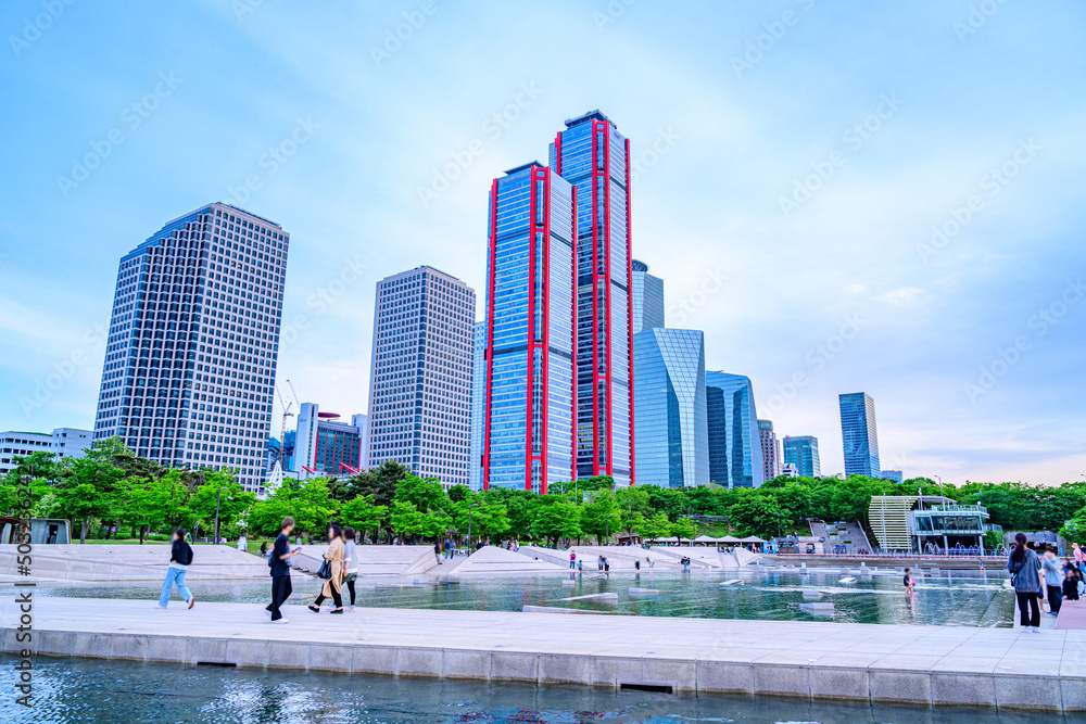 Fototapeta premium Skyscrapers in Yeouido, the financial business district of Seoul, South Korea taken during the daytime