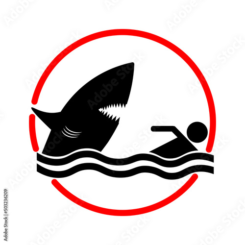 Shark attack on beach safety warning sign, beach close of shark sight symbol vector