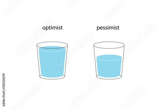 The glass is full and half filled with water. Concept of optimist and pessimist. Human psychology. Prostavector illustration