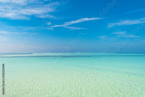                                                                                                          Beautiful clear blue sky Sea and white beach Horizon Relaxing image Background Material