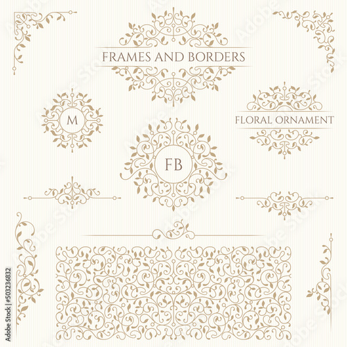 Floral monograms and borders, frames, corners, seamless pattern for cards, invitations, menus, labels. Classic ornament. Graphic design pages, business sign, boutiques, cafes, hotels.