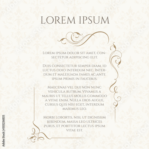 Decorative elegant border with calligraphic elements. Floral asymmetric frame. Seamless background. Card template for greeting card, certificate, invitation, menu. Graphic design page.