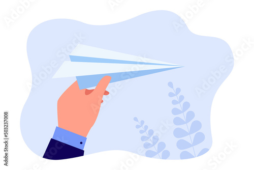 Hand of businessman holding paper plane. Office person with origami airplane flat vector illustration. Success, idea, career, direction concept for banner, website design or landing web page
