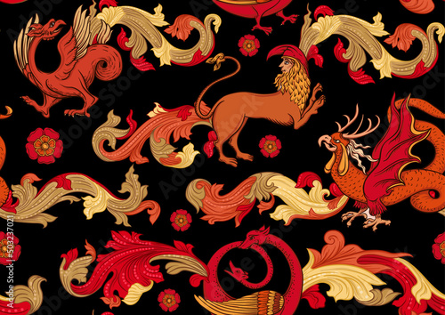 Medieval mythical animals, illuminati manuscript inspiration, romanesque style. Seamless pattern, background. Vector illustration.