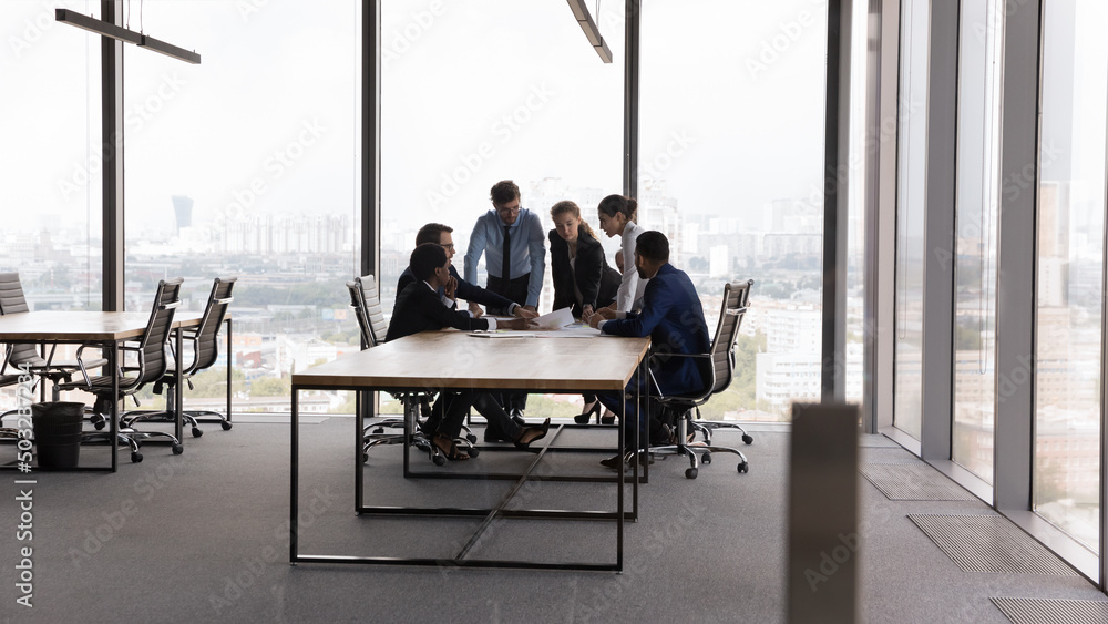 custom made wallpaper toronto digitalDiverse millennial business team meeting at modern office conference table, negotiating on project, investment, discussing work issues in contemporary interior with glass wall, big panoramic window