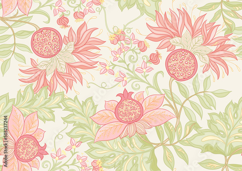 Decorative pomegranate fruits and flowers in art nouveau style, vintage, old, retro style. Seamless pattern, background. Vector illustration.