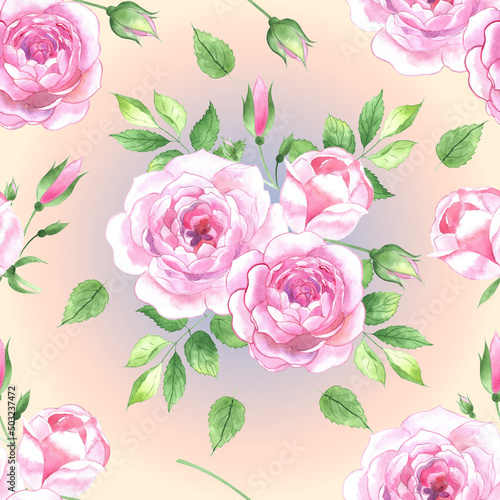 Seamless floral pattern. Pink roses on a light background. Watercolour.