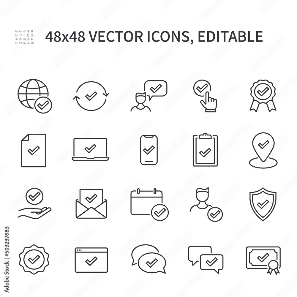 Simple vector line icons. On the theme of affirmative icons, contains icons such as checklist, certificate and medals. a certified document, accepted symbols of approval and confirmation of mail. Simple vector line icons. On the theme of affirmative icons, contains icons such as checklist, certificate and medals. a certified document, accepted symbols of approval and confirmation of mail.