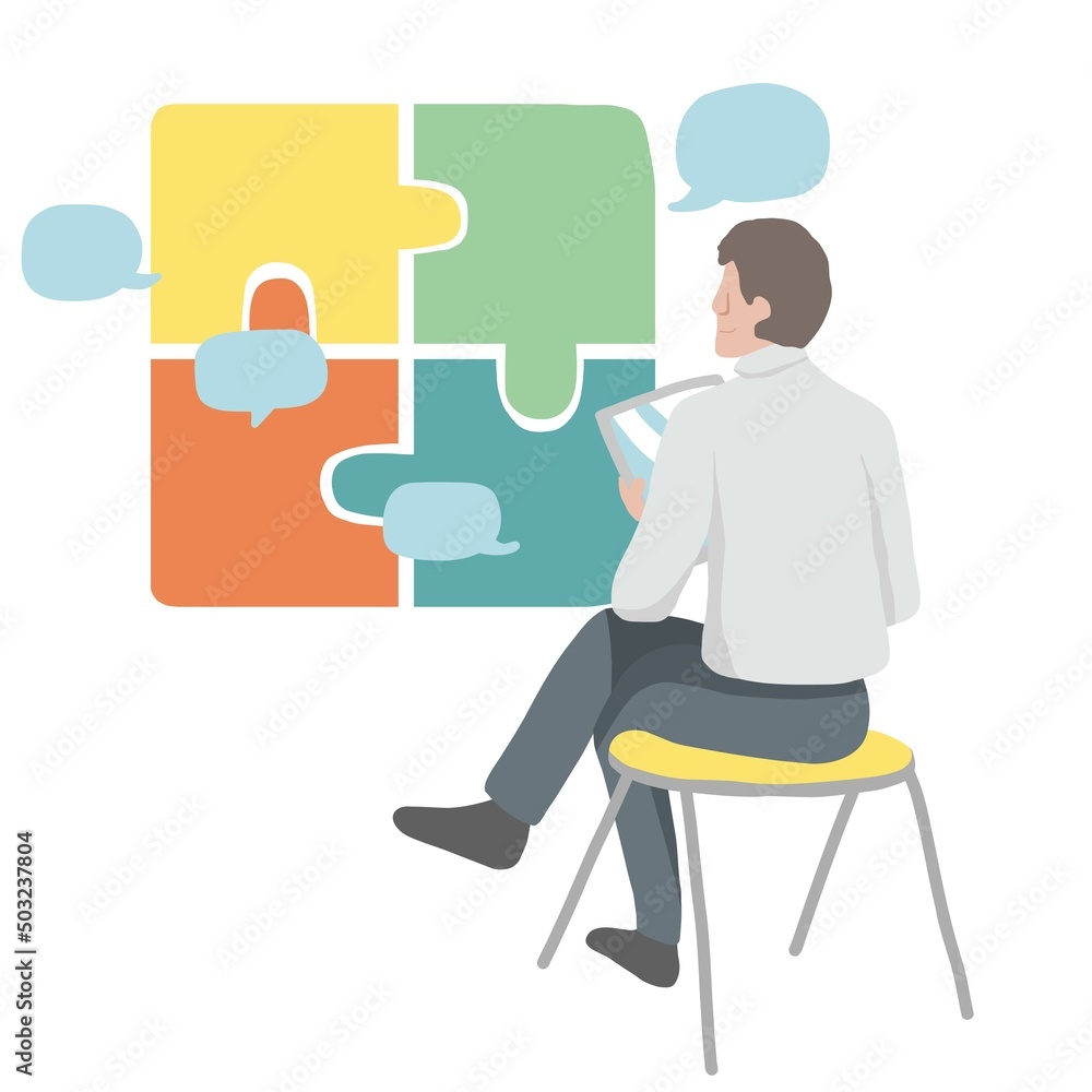 Business man planing jigsaw puzzle strategy vector illustration, business concept