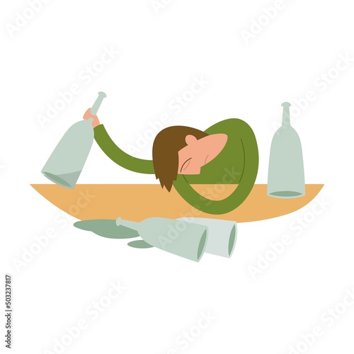 drunkard lies on table with empty glass bottles of alcohol. cartoon vector