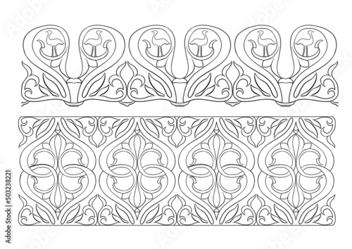 Interlacing abstract ornament in the medieval, romanesque style. Element for design. Outline vector illustration. Isolated on white background.