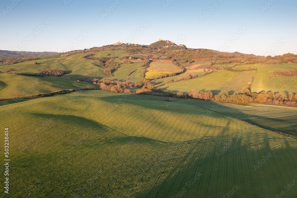 Tuscany hill landscape. Waves hills, rolling hills, minimalistic landscape with green fields in the Tuscany. Val D'orcia in the province of Siena, Italy
Beautiful sunny day.