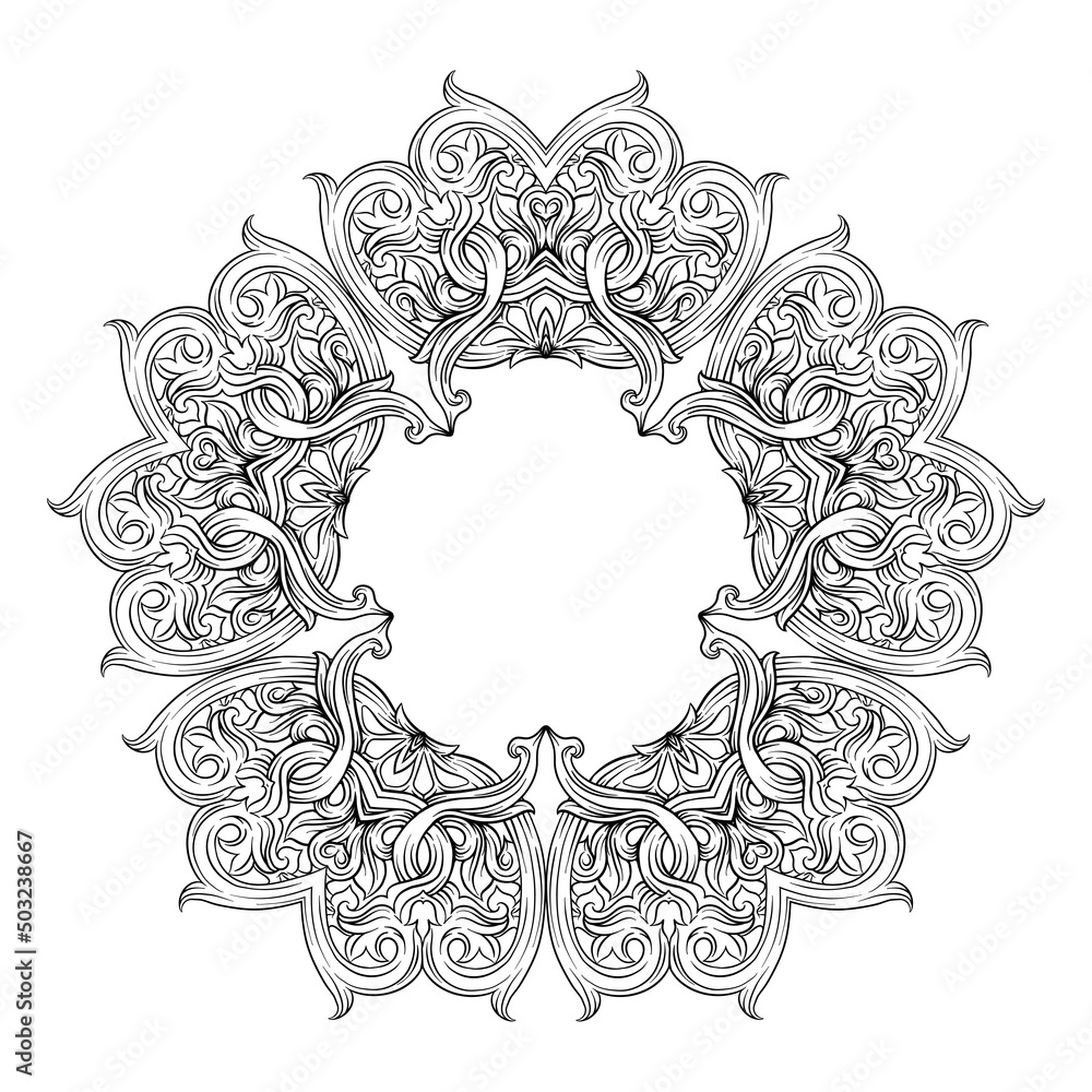 Obraz premium Interlacing circular abstract ornament in the medieval, romanesque style. Mandala. Element for design. Outline hand drawing vector illustration.