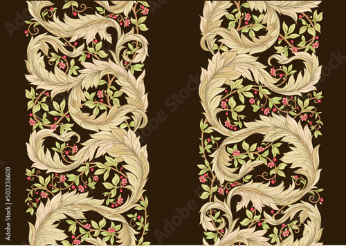 Decorative flowers and leaves in art nouveau style, vintage, old, retro style. Seamless pattern, background. Vector illustration.