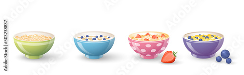 Oatmeal porridge and cereals breakfast with berries. Plates of oats boiled porridge and Cornflakes in colorful bowls with milk, yogurt. Set of breakfast with oat flakes, Corn, blueberry, strawberry