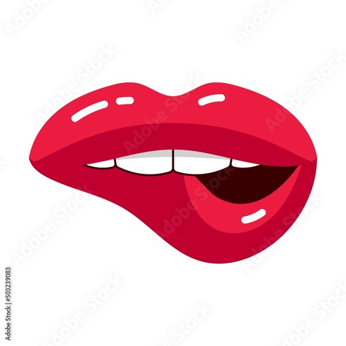 Sexy female open mouth with pursed lower lip, lips with red lipstick cartoon illustration. Woman and girls lips