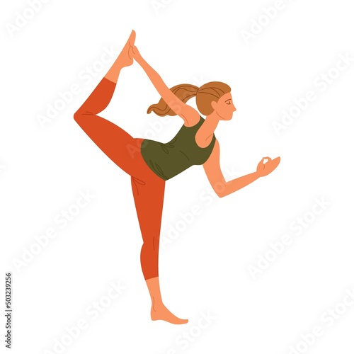 Yoga pose, physical exercise of woman. On one leg, back arched. Vector illustrations of girl stretching body. Cartoon female character training © Bro Vector