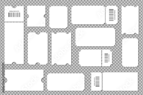 Set blank ticket template. Color white. Concert tickets, lottery coupons. Vector coupon. Ticket template.
