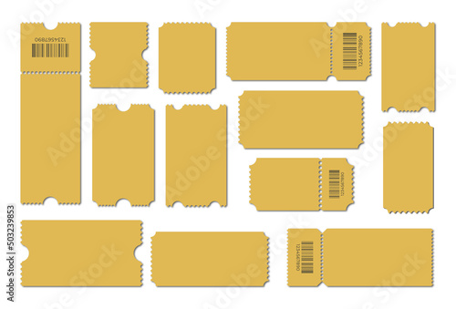 Set blank ticket template. Yellow color. Concert tickets, lottery coupons. Golden tickets. Vector coupon. Ticket template.