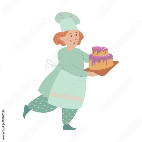 Baker in uniform cartoon illustration. Woman cooking tiered birthday cake, fresh pie, making recipe for bakery
