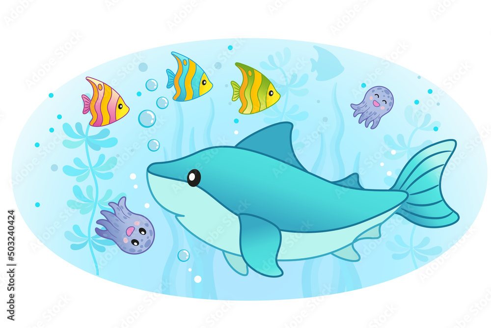 Vector cartoon illustration. Underwater world, bright tropical fish, shark and octopus Vector cartoon illustration. Underwater world, bright tropical fish, shark and octopus