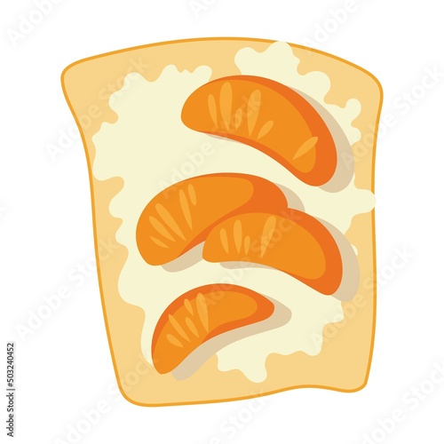 Healthy toast with mandarin slices and cream, cartoon illustration. Slices Food, sandwich, breakfast isolated on white background