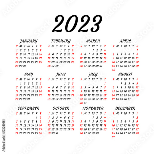 Wall or pocket calendar design 2023 year. English vector square calender template. Week starts on Sunday