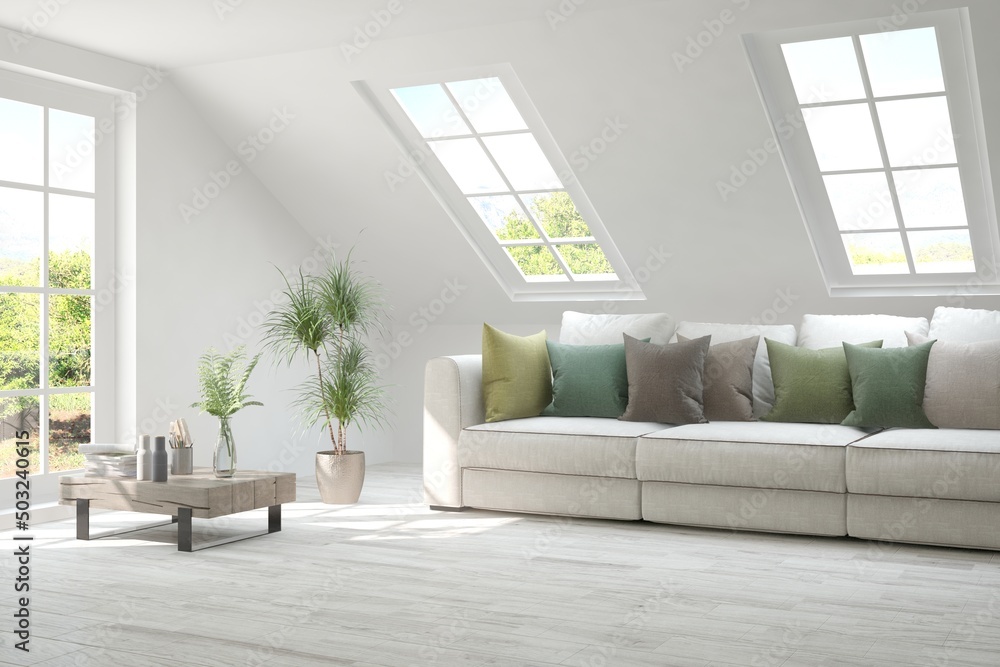 Fototapeta premium White living room with sofa and summer landscape in window. Scandinavian interior design. 3D illustration
