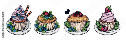 cupcakes set vector coloring book. cupcakes collection vector sketch. сupcake with berries on plates vector drawing.