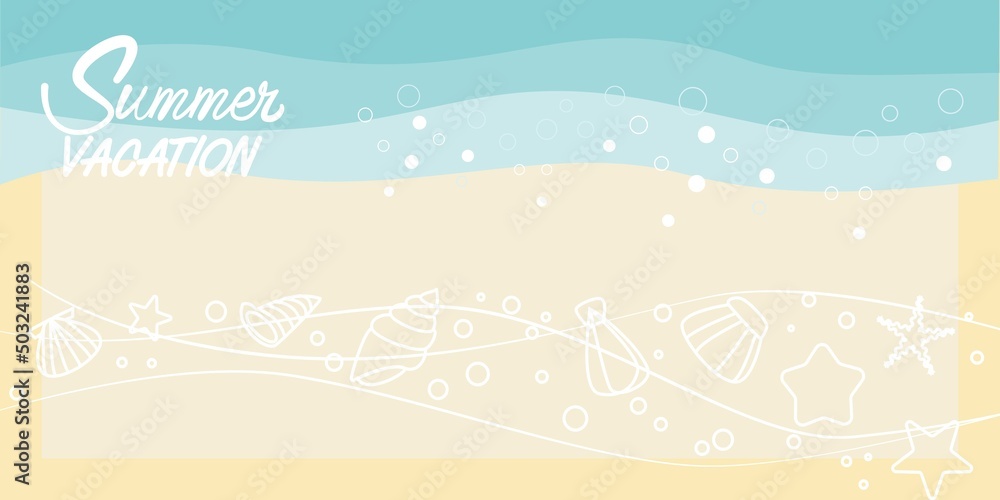 Summer and tropical beach concept illustration. Sea wave and tropical leaves decoration blue background for summer banner, promotion background and web design. 