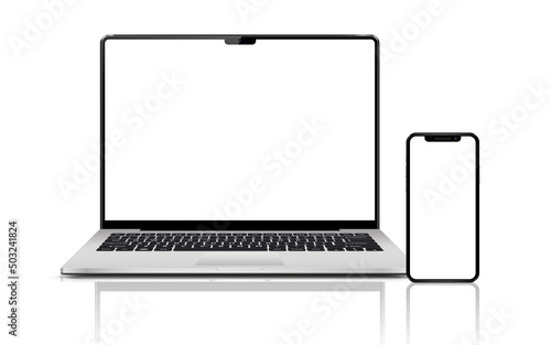 Laptop computer and mobile phone mockups isolated on white background