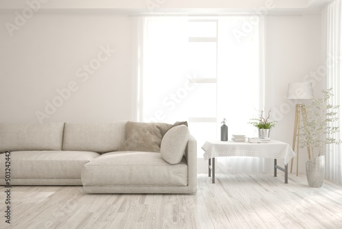 White living room with sofa. Scandinavian interior design. 3D illustration