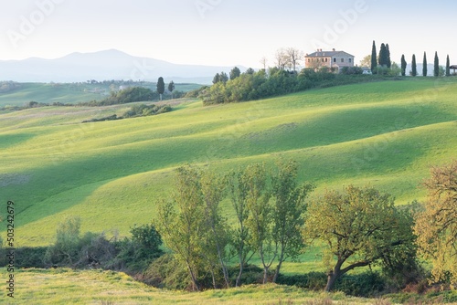 Tuscany hill landscape. Waves hills, rolling hills, minimalistic landscape with green fields in the Tuscany. Val D'orcia in the province of Siena, Italy Beautiful sunny day.