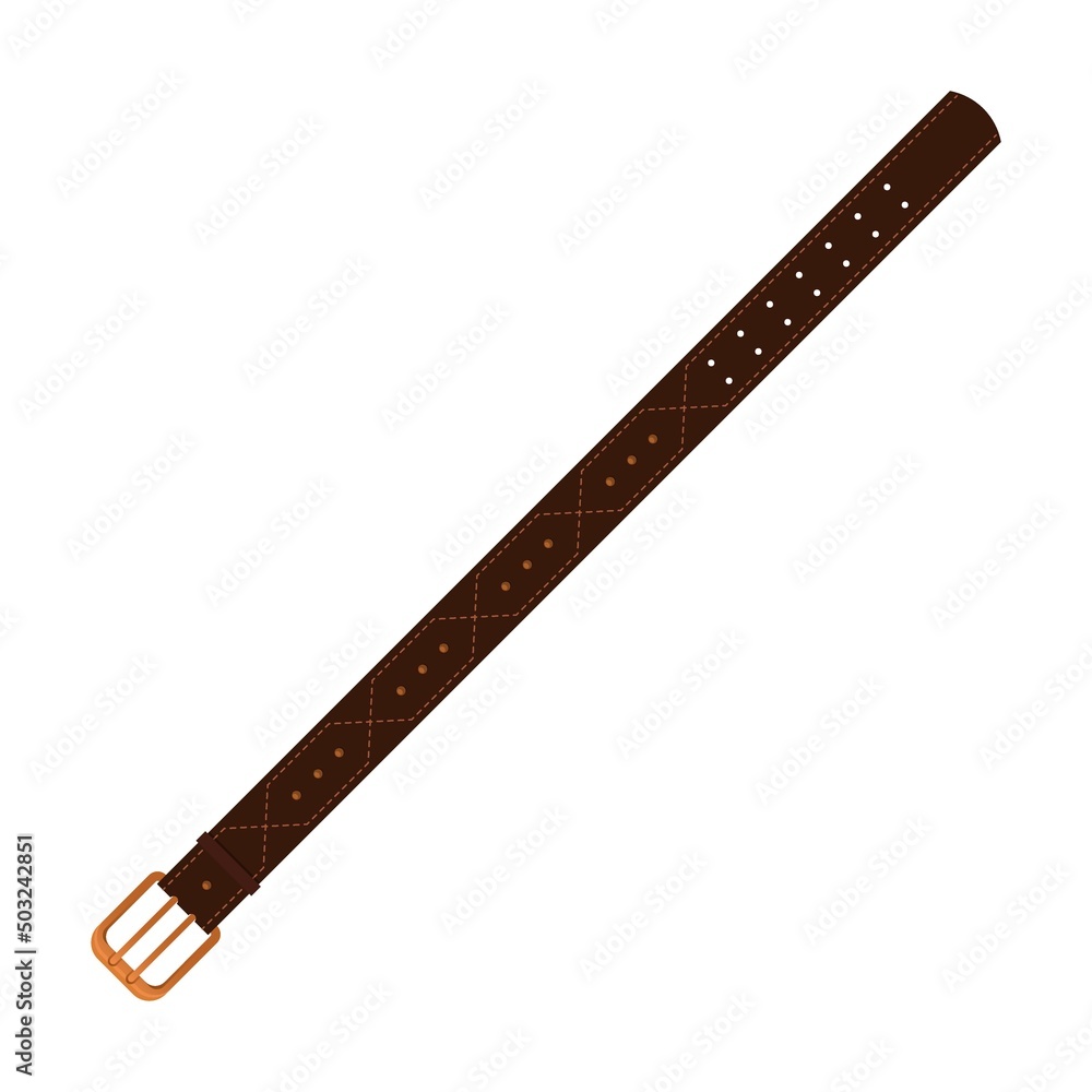 trendy with dotted thread stitching brown leather belt flat vector illustration. Straps with metal, brass or steel buckle rings isolated on white background trendy with dotted thread stitching brown leather belt flat vector illustration. Straps with metal, brass or steel buckle rings isolated on white background