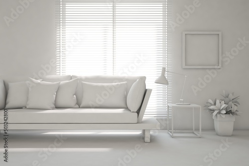 Mock up of minimalist living room in white color with sofa. Scandinavian interior design. 3D illustration © AntonSh