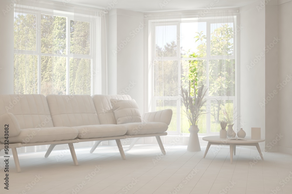 Fototapeta premium Mock up of stylish room in white color with sofa and green landscape in window. Scandinavian interior design. 3D illustration