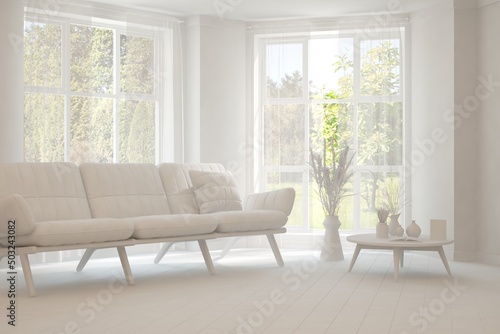 Mock up of stylish room in white color with sofa and green landscape in window. Scandinavian interior design. 3D illustration