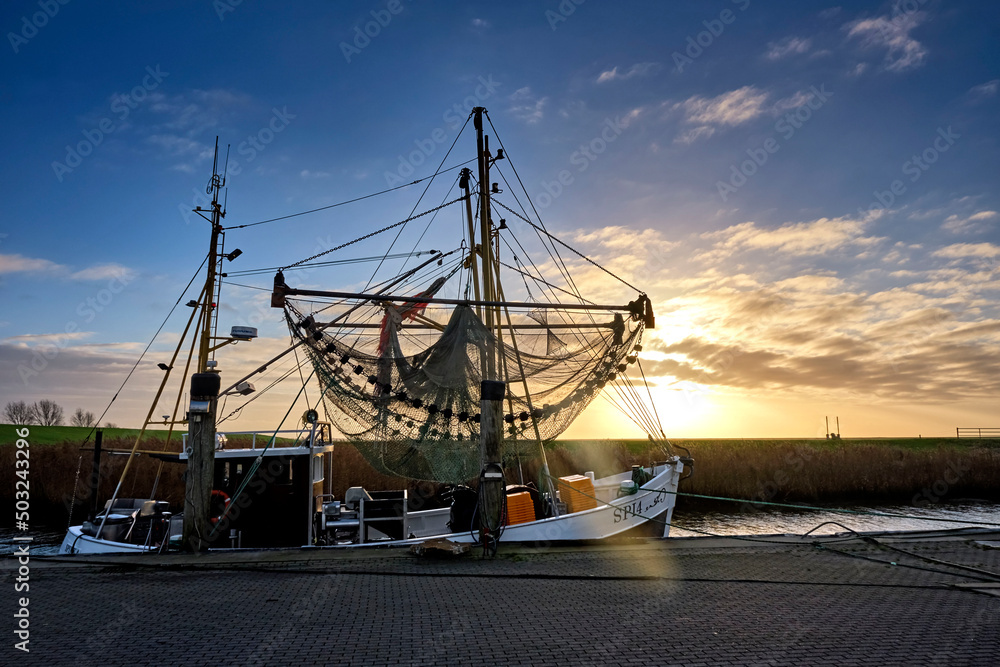Ein Krabbenkutter liegt im Hafen von Spieka-Neufeld an der Wurster Nordseeküste.
