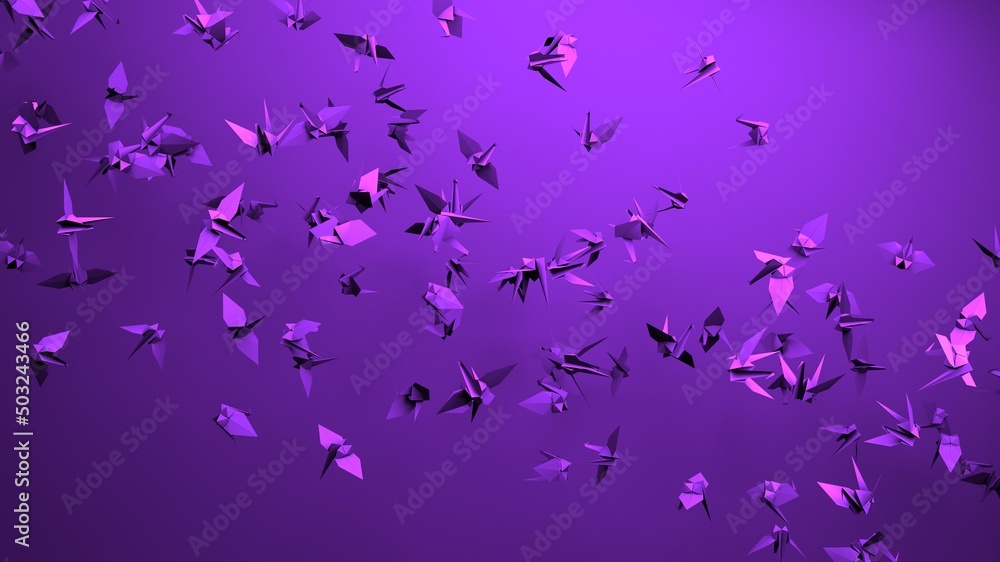 Purple origami crane on purple background.
3D illustration for background.
