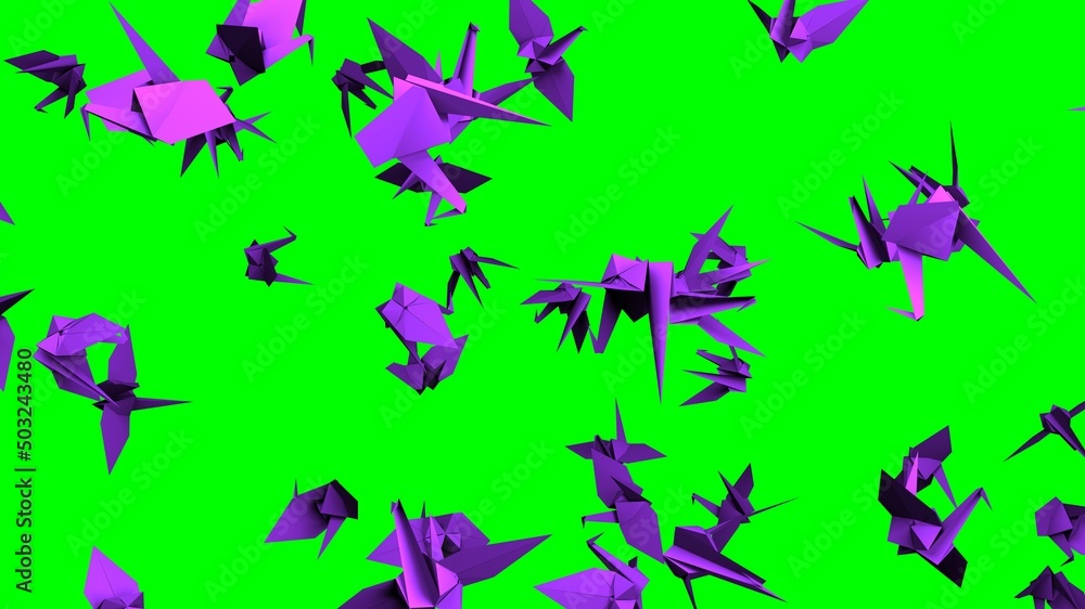 Purple origami crane on green chroma key background.
3D illustration for background.
