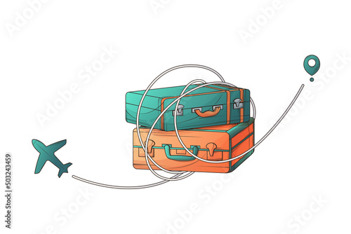 Aircraft route. Vector travel illustration of suitcases and airplane. Air travel, tourism, adventure, journey. Vector illustration for banner, poster, website, advertising. Travel concept.