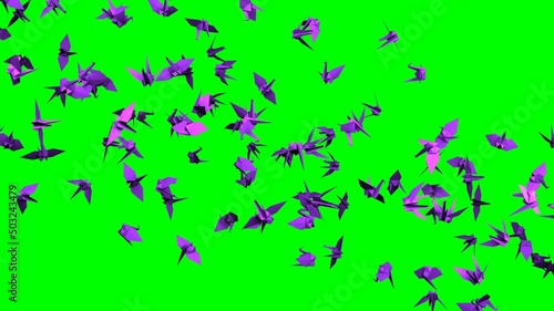 Purple origami crane on green chroma key background. 3D illustration for background. 