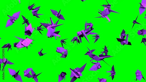 Purple origami crane on green chroma key background. 3D illustration for background.  © Tsurukame Design