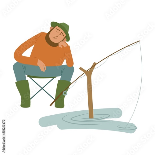 fisherman sits and sleeps on a folding chair and fishes with a line. Cartoon vector isolated on white background