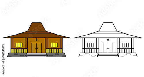 Coloring book. Coloring book Indonesian traditional house for kids activity colouring pages. Vector illustration