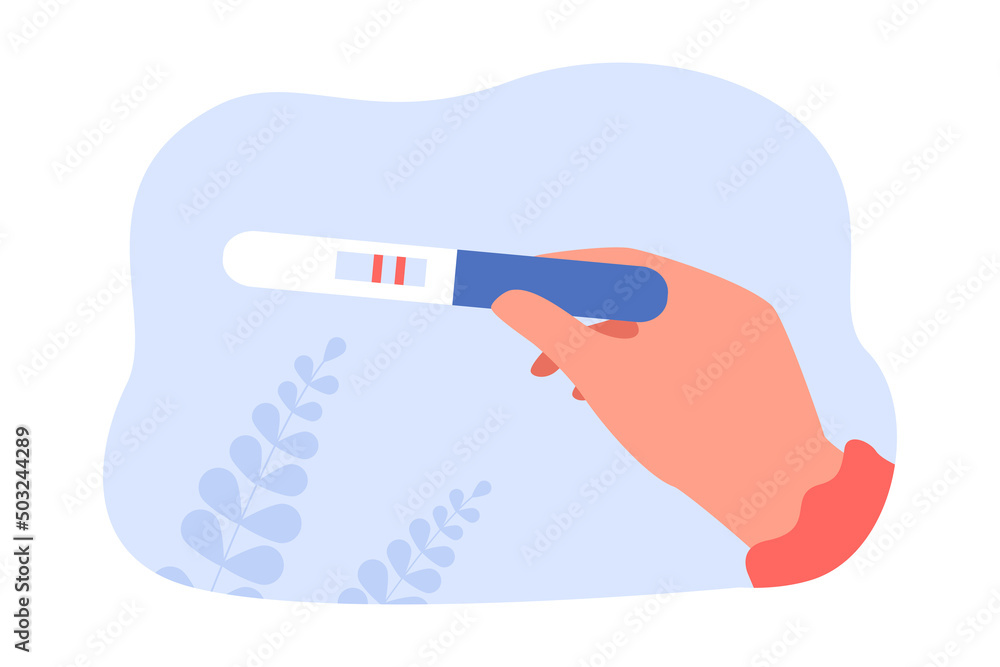Hand holding pregnancy test with positive result. Hand of future mother with test showing two lines flat vector illustration. Pregnancy, fertility, health concept for banner or landing web page Hand holding pregnancy test with positive result. Hand of future mother with test showing two lines flat vector illustration. Pregnancy, fertility, health concept for banner or landing web page