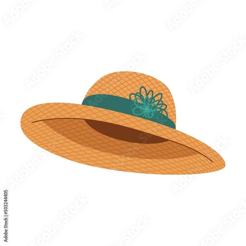 straw hat with abstract floral decoration vector illustration. Summer designs of yellow hat with wide brims, clothes for farmers isolated on white back