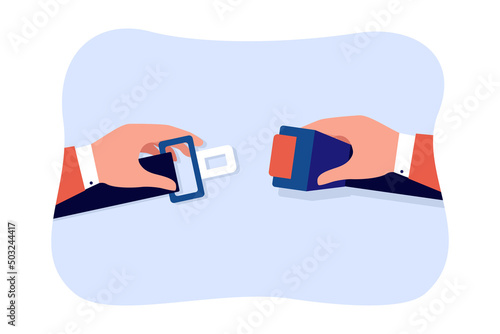 Hands fastening seat belt. Hands of car or airplane passenger connecting parts of seatbelt flat vector illustration. Security or safety, protection concept for banner, website design or landing page photo