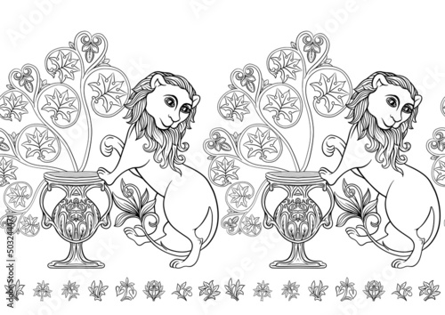 Fototapeta Naklejka Na Ścianę i Meble -  Byzantine traditional historical motifs of animals, birds, flowers and plants Seamless border pattern, linear ornament, ribbon. Outline vector illustration.